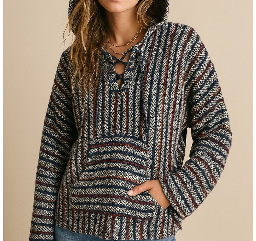 Mexican Baja Hippie Hoodie Pullover Size Unisex M Textured Vtg 90's Poncho